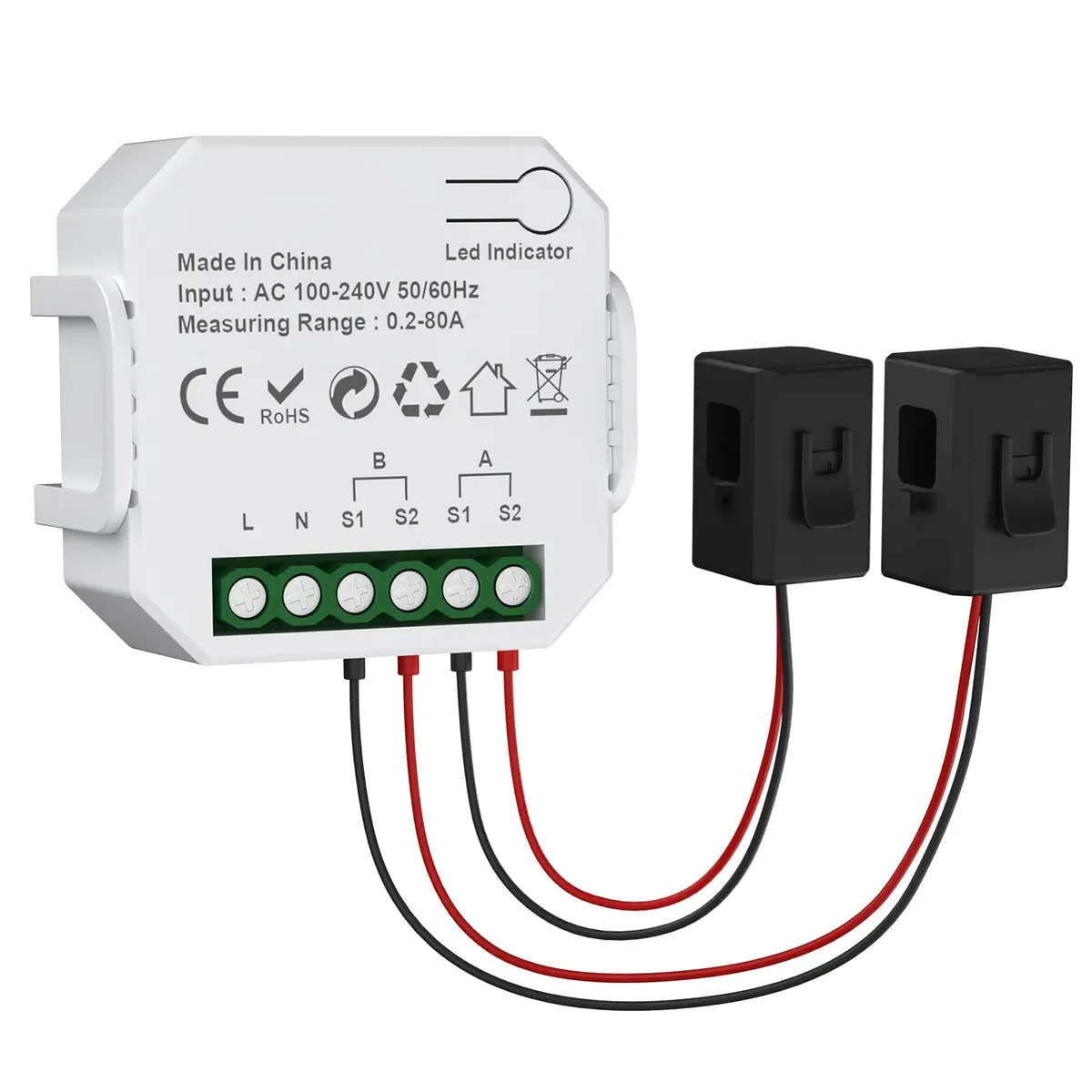 Medidor de energia WiFi de 2 canais eMylo 80A+80A, monitor de energia inteligente, amperímetro de braçadeira, Wi-Fi de 2,4 GHz, monitoramento em tempo real, aplicativo Smart Life/TUYA, compatível com