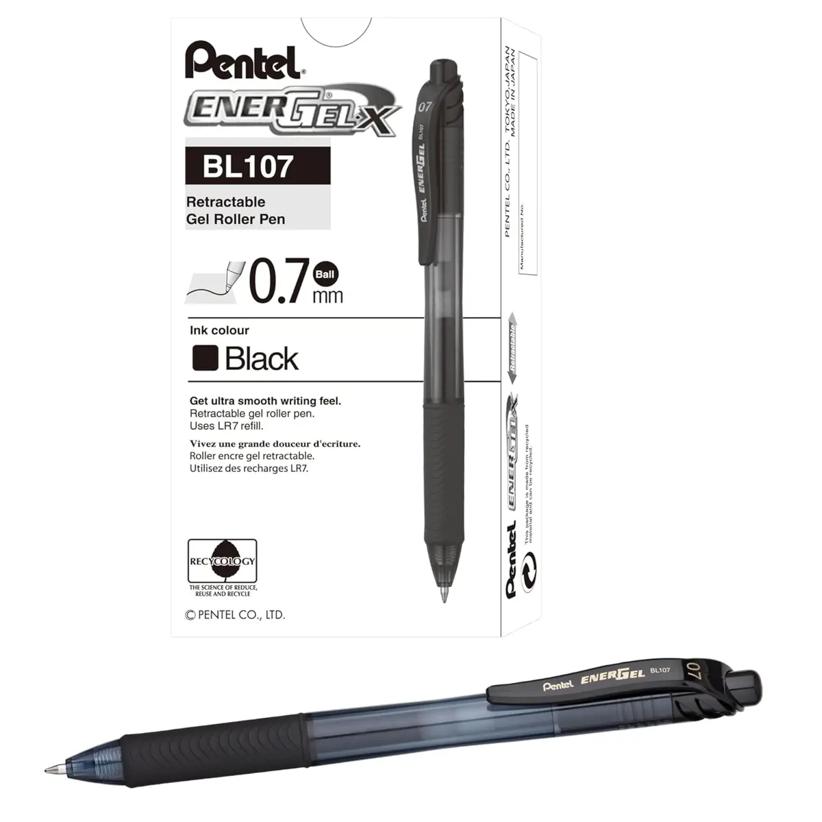 Pentel Caneta Gel Energel X Retrátil 0.7mm Preta Caixa Com 12 Unidades BL107-AN