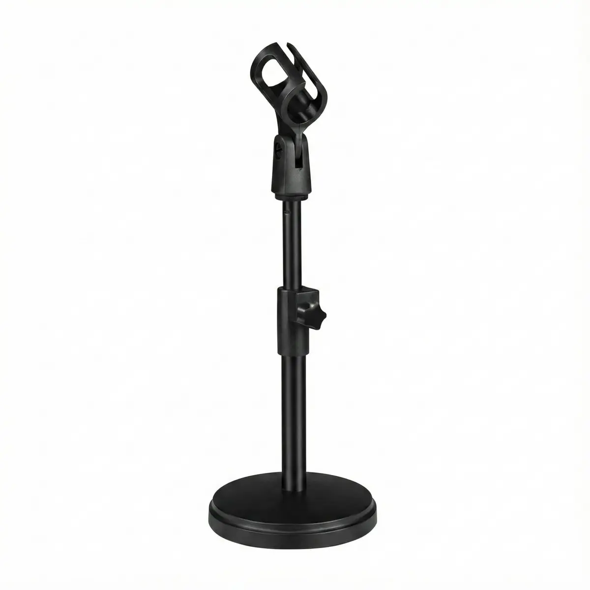 Suporte Pedestal de Mesa para Microfone com Altura Ajustável 26-34cm, Rotação 180°, Base Redonda Pesada, Metal e ABS, Preto.