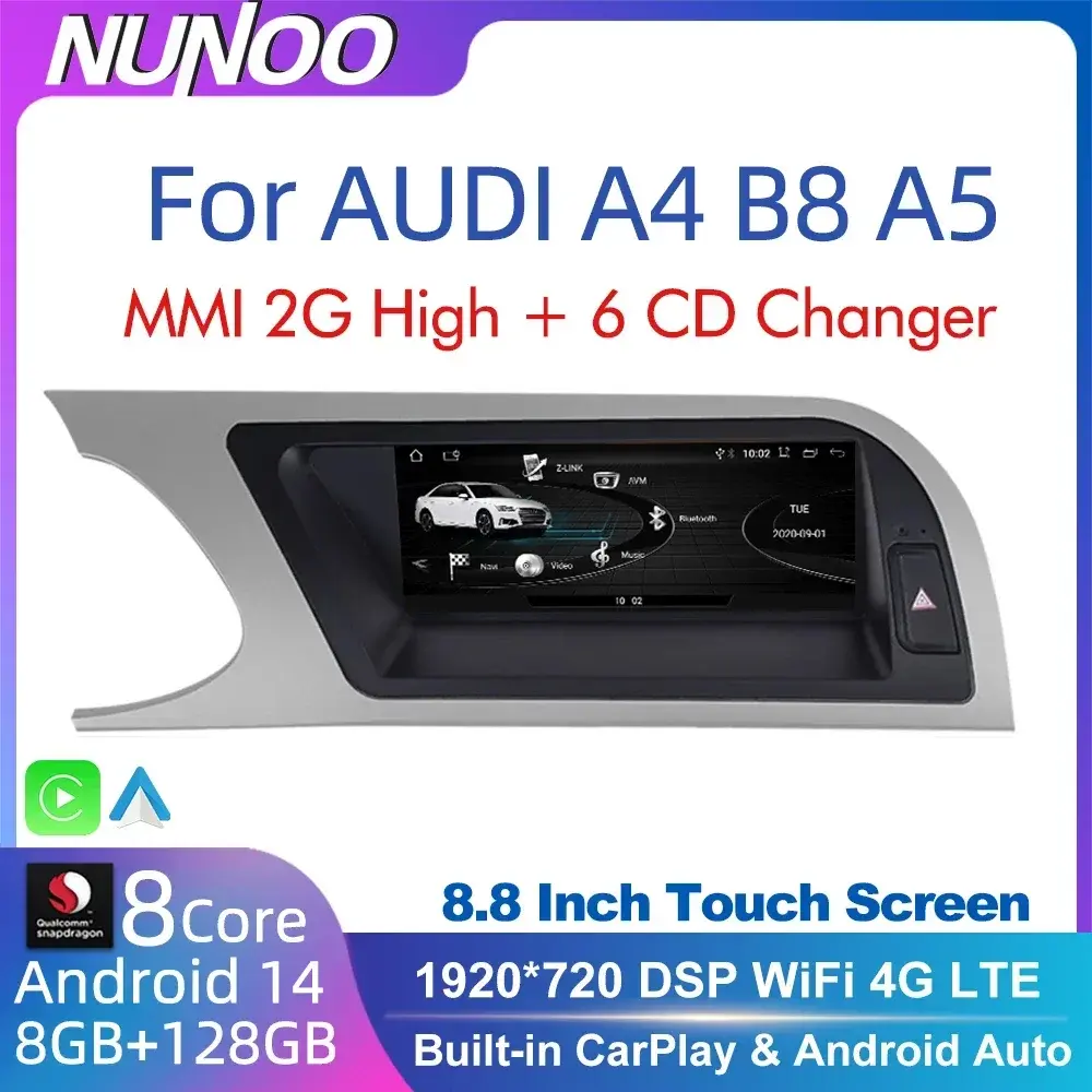 CarPlay para Audi A4 B8 A5 2008 2009 2010 MMI 2G High CD Changer Android 14 8+128GB Reprodutor Multimídia Automotivo Estéreo GPS Navi Screen - 1