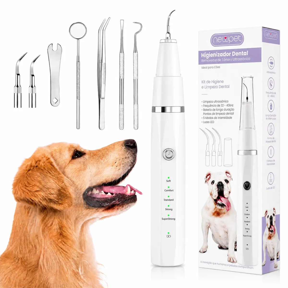 NEWPET Removedor De Placa Dentária Para Cães, Limpador De Dentes Para Animais De Estimação Com Luz LED, Kit De Limpeza Para Tártaro E Manchas, 5 Modos Ajustáveis (Branco)