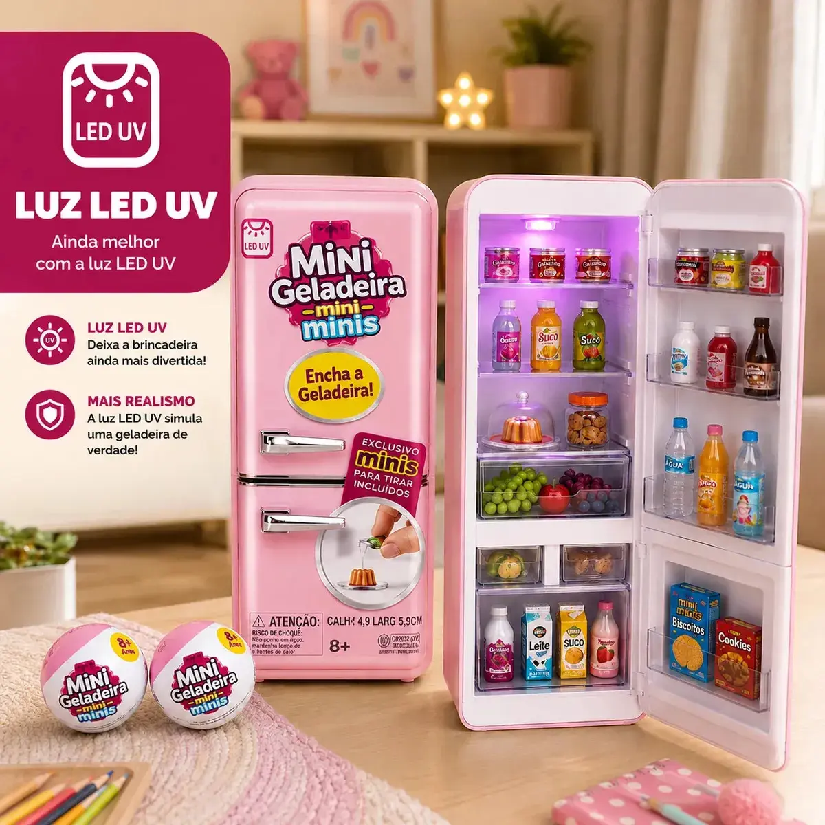Mini Geladeira de Brinquedo Epsilon Rosa com Luz LED e 2 Cápsulas Surpresa thumbnail 2