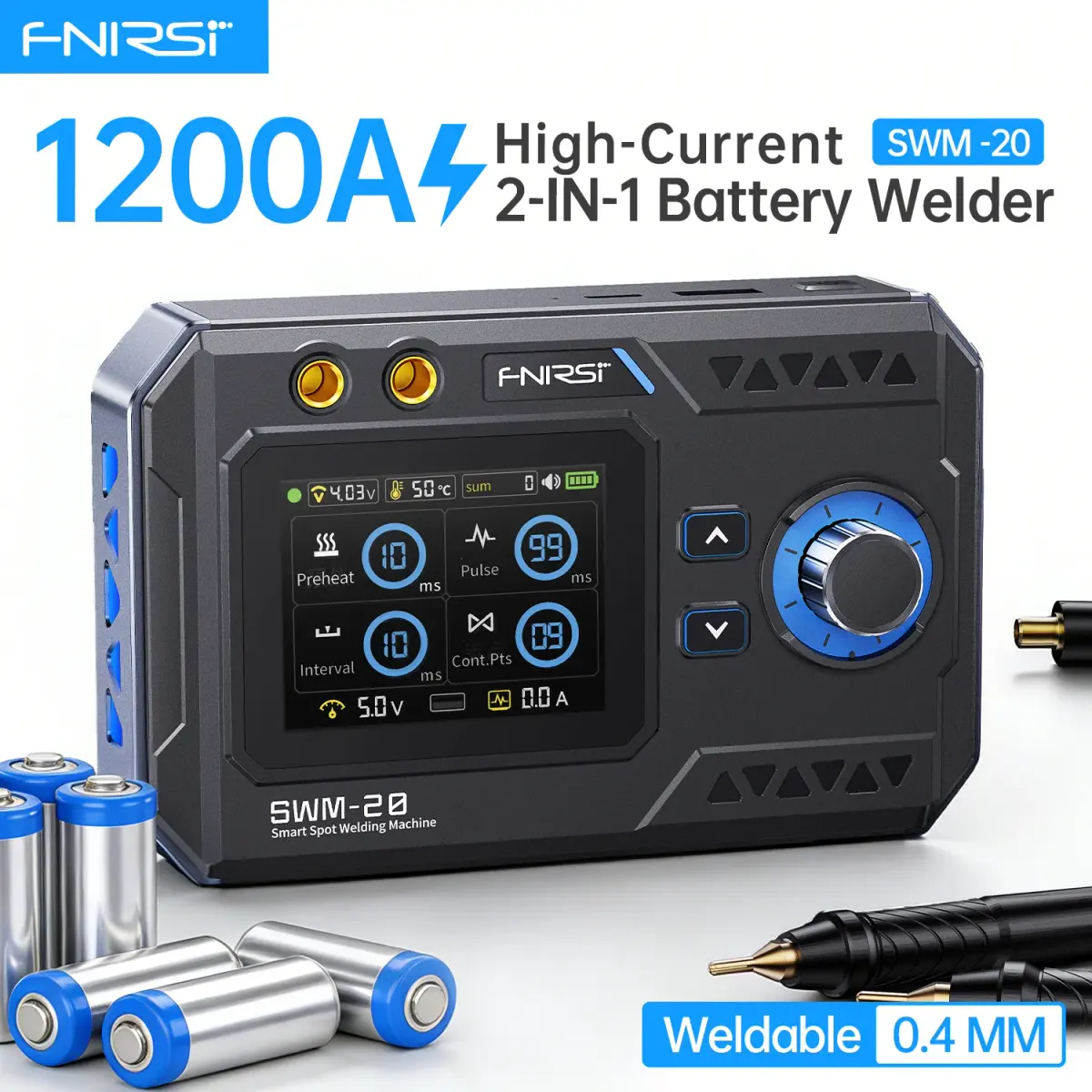 FNIRSI SWM-20 Ferramenta Elétrica Portátil 1200A com Saída de Pulso Duplo para Tiras Metálicas de 0.1-0.4mm, Pacote DIY com Bateria de 5000mAh e Carregamento USB-C