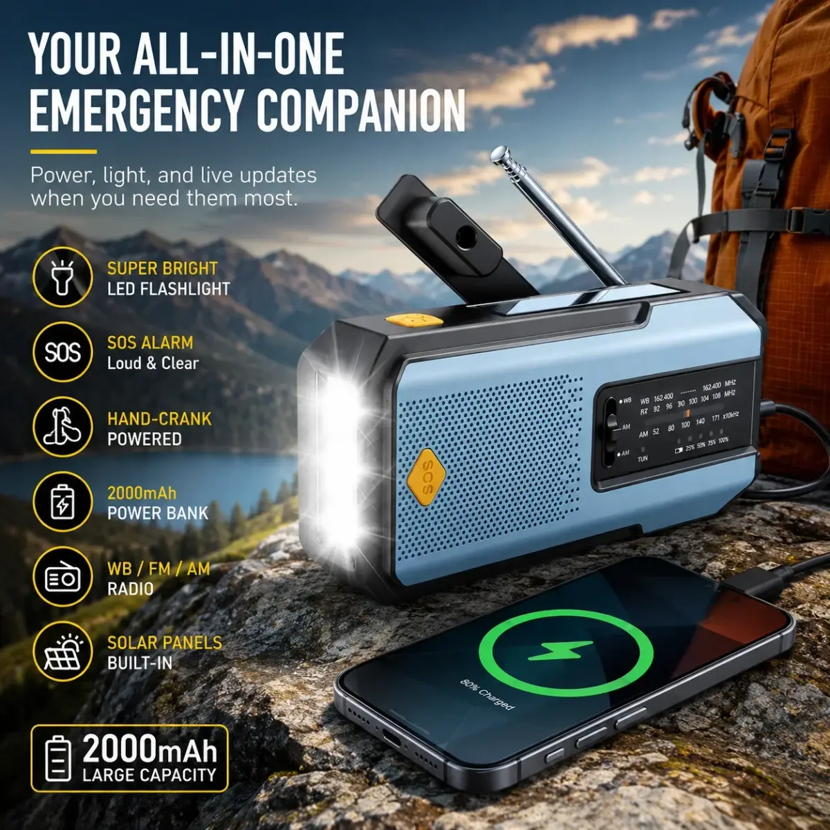 Rádio meteorológico de emergência multifuncional rádio fm am wb manivela solar carregamento usb 2000mah power bank lanterna led tocha - 1