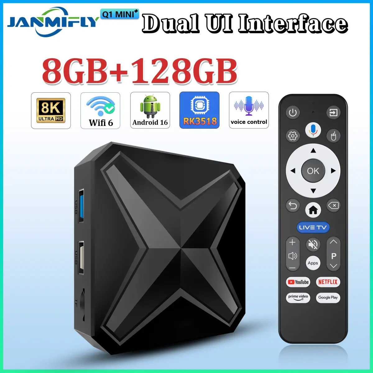2026 novo smart tv box q1mini + interface dupla ui android 16 rk 3518 google assistente hd 8k vídeo media player set-top-box