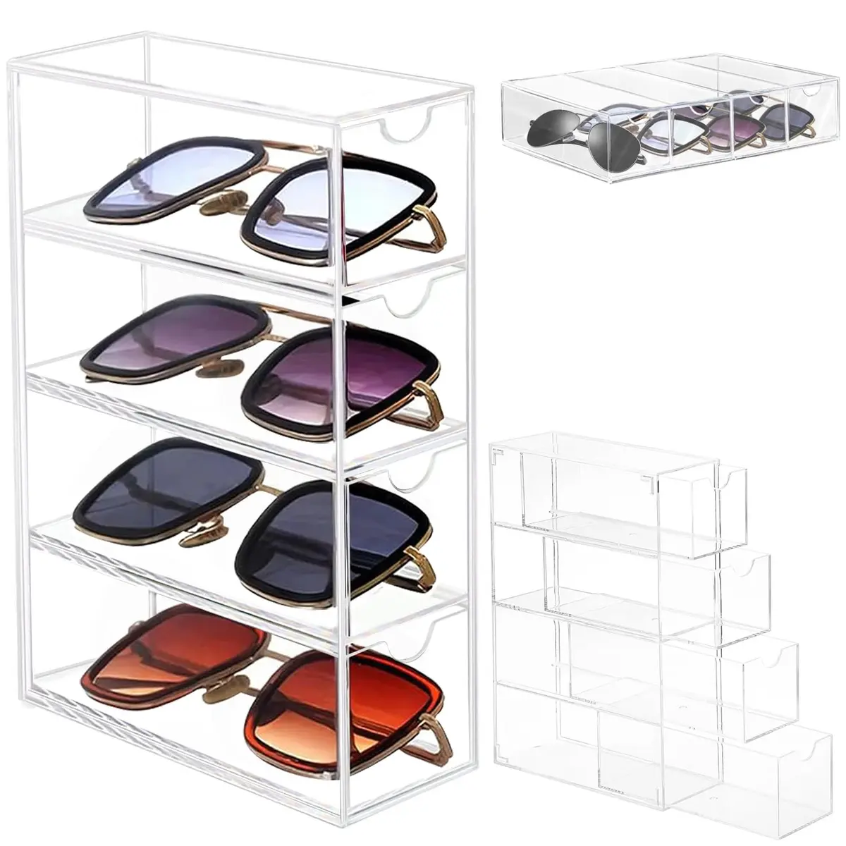 Caixa de Óculos de Sol com 4 Gavetas, Porta Oculos, Porta Oculos Organizador, Estojo de Exibição de Óculos, Organizador de Óculos de Gavetas, Estojo Empilhável de Armazenamento de Óculos