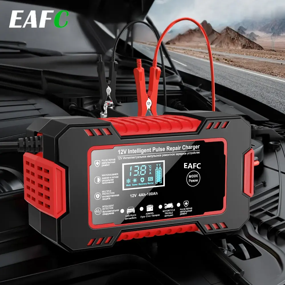 EAFC 12V 6A Carregador de reparo de pulso de energia Carregador de bateria de carro Display LED Carregador de bateria de caminhão Moto Bateria de chumbo-ácido seco e molhado