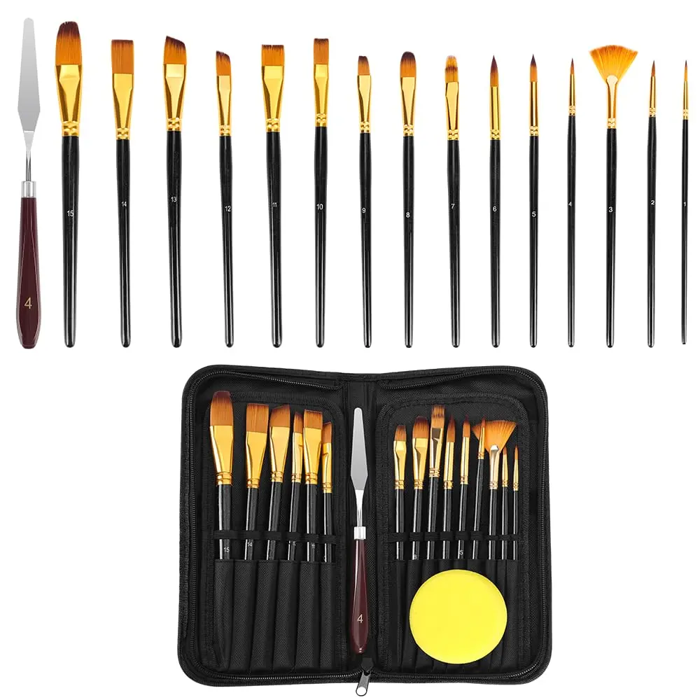 Gavzrt Kit Pincéis de Pintura Artística 15 Peças - Pincéis para Aquarela, Óleo e Acrílica com Espátula e Esponja - Profissional
