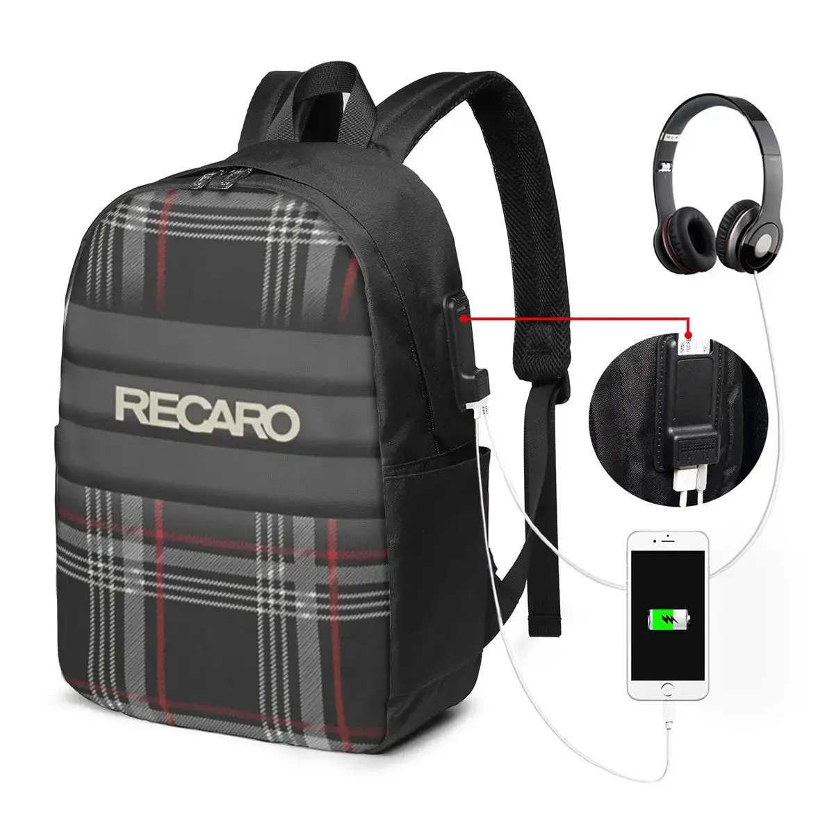 Mochila Tartan Plaid Recaros para viagem, bolsa para notebook, bolsa escolar para estudantes universitários, bolsa de ombro para laptop, para homens e mulheres - 1