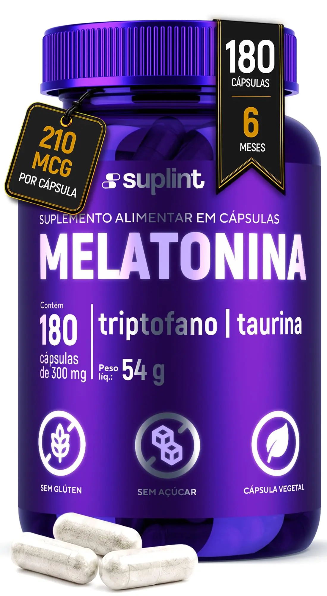 Melatonina 210mcg — Triptofano — Taurina — Cápsula Vegetal Sem Glúten Sem Açúcar — 180 Cápsulas