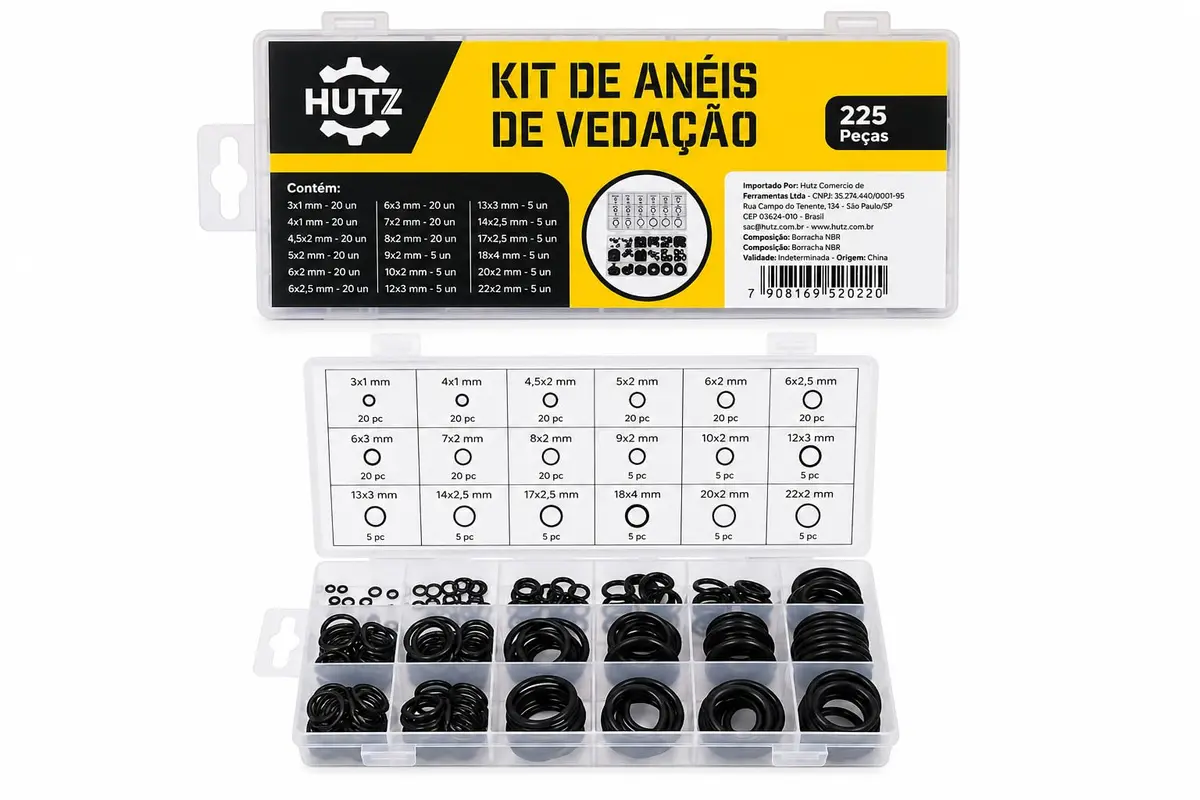 Kit de Anéis de Vedação Sortidos 225 Peças | 18 Tamanhos Diferentes, Caixa Organizadora, 3 mm a 22 mm, Borracha NBR, Tampa com Tabela, Oring, Premium