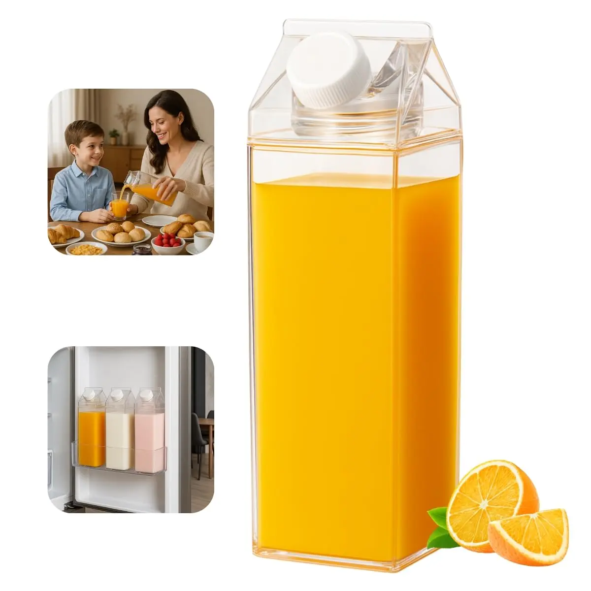Garrafa Formato Caixa Leite Acrílico 1L Tampa Rosca Multiuso Decorativa | Suco Laranja Água Chá Iogurte Geladeira Anti Vazamento Café da Manhã Estilo Transparente reutilizável Bebidas Viagem líquidos - 1
