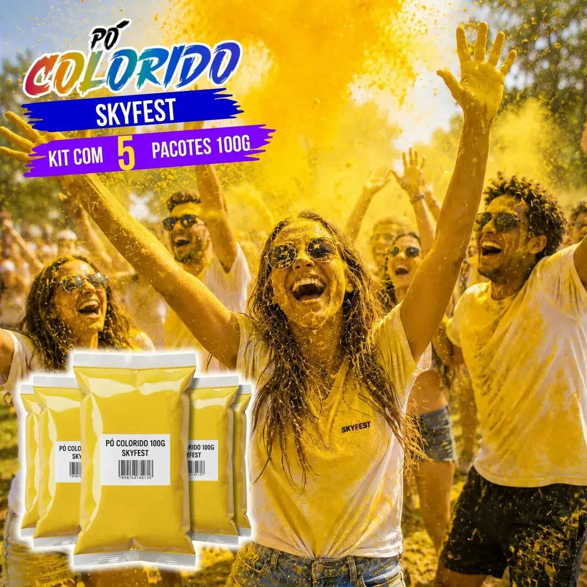 Pó Colorido 100g Skyfest Kit 5 Unidades Biodegradável Pó Holi Festa das Cores Corrida Colorida Fotos Eventos