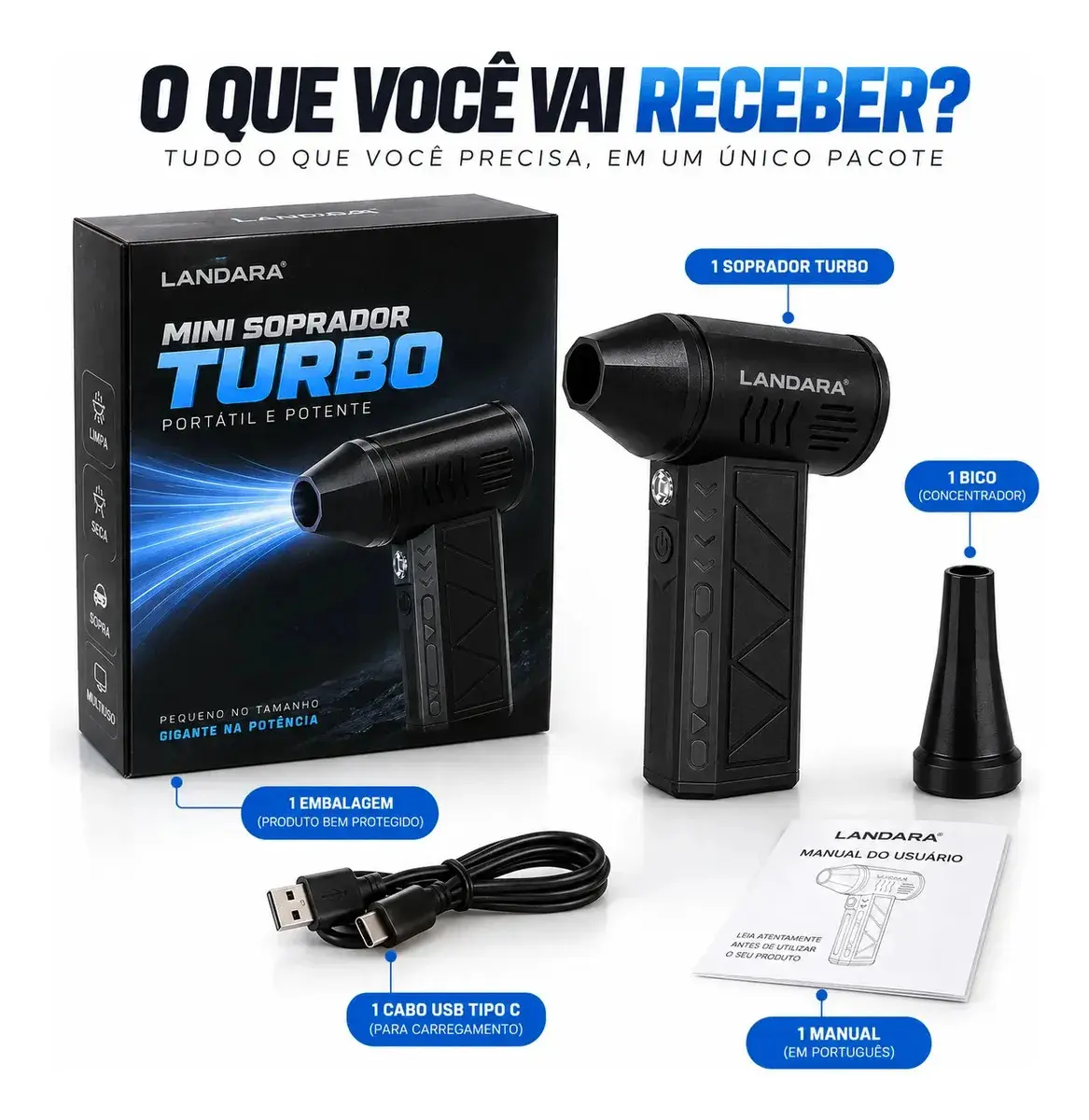 Soprador De Ar Turbo Automotivo Limpeza Profunda Portatil Sem Fio Multifuncional Churrasqueira Janelas Poeiras Landara thumbnail 6