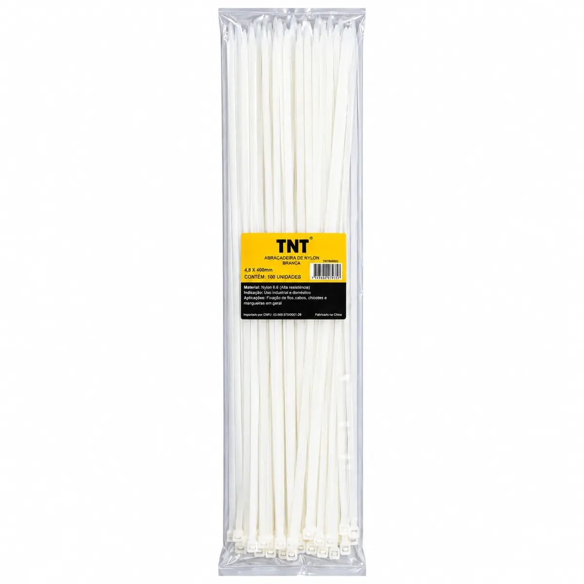 TNT Abraçadeira Nylon 6.6 com Proteção UV Kit 100 Peças (Branca 4,8x400mm) | Enforca gato de nylon 6.6 com proteção UV e trava firme, prende chicote elétrico, cabos, mangueiras, tela, carro, moto e obra - 1