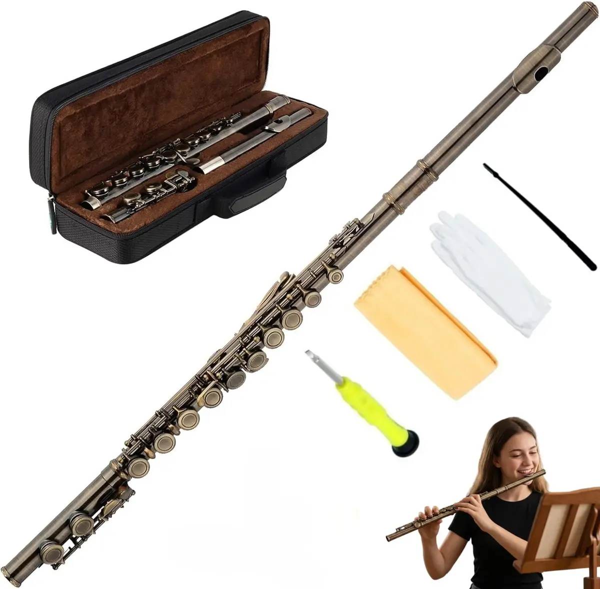 VEDO Kit Flauta C Maior 16 Chaves, Boca Corte Biselado, Premium Instrumento Musical Chaves Ajustáveis, Com Estojo Portátil e Kit Limpeza, Ideal Novato para Bandas Marciais Presentes Musicais, Bronze - 1