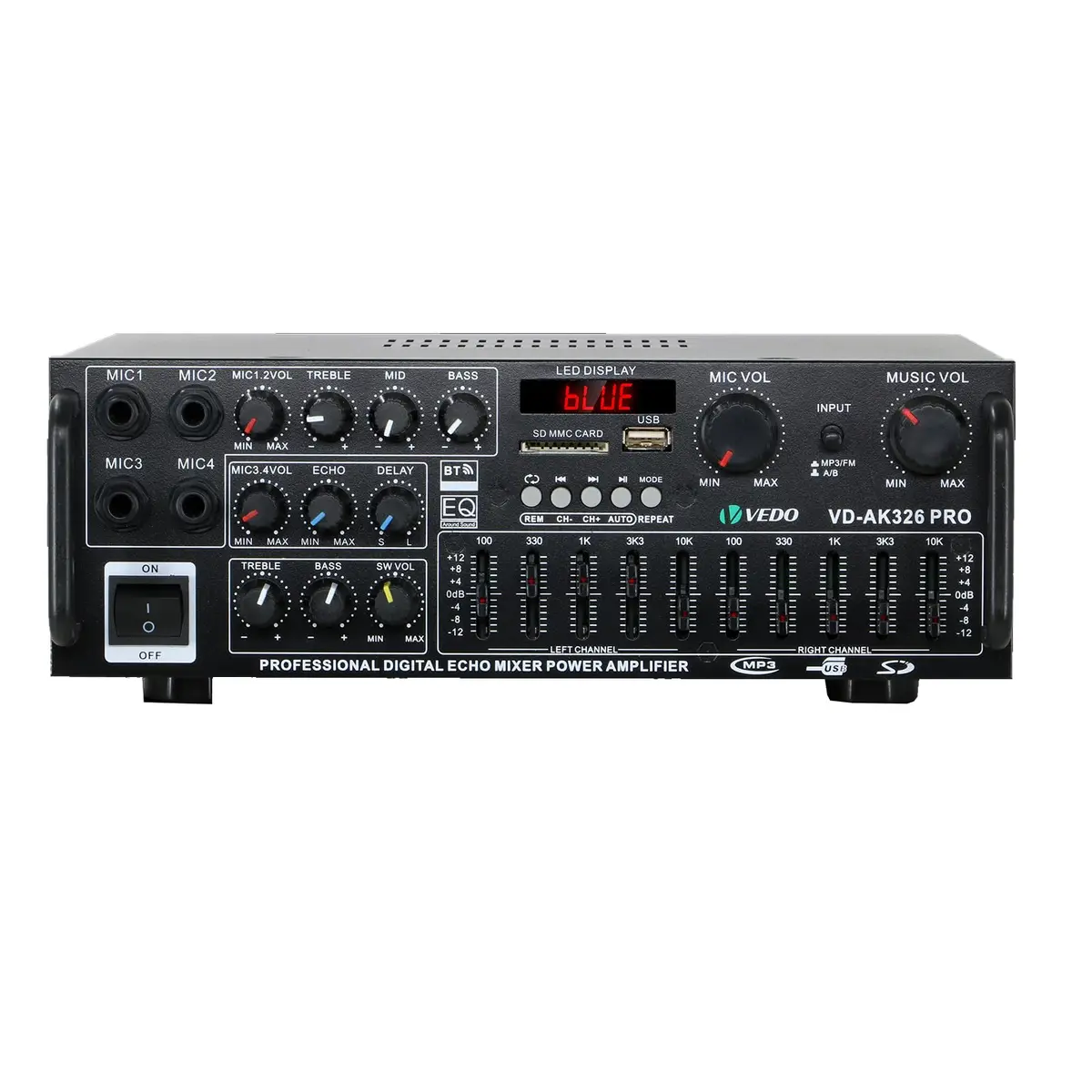Amplificador de Potência VEDO 300W, Bluetooth 5.0, 2.1 Canais, Entrada para 4 Microfones, Controle Remoto, Ajuste de EQ, Baixe Forte, Entrada USB/SD, Suporta 12V/110V/220V, Ideal para Casa e Carro
