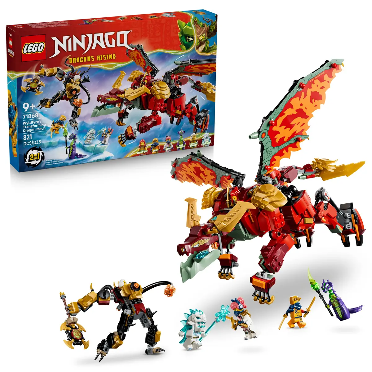 LEGO NINJAGO Meca Dragão Transformador da Wyldfyre 71868 | Brinquedos De Construção, Meninos E Meninas, Anos 9+, Conjunto De Faz-De-Conta, 6 Minifiguras, 821 Peças, Ideia Para Presente