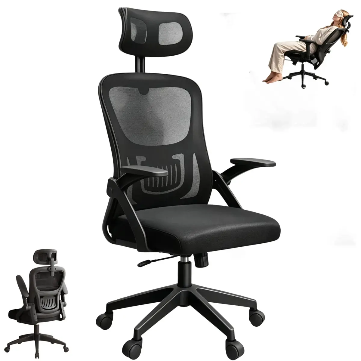 Cadeira de Escritório Ergonômica Preta Mesh Reclinável, Suporta 150Kg | Suporta 150Kg, Home Office Executiva Móveis Poltrona Gamer Estudo Confortável Ergonômica
