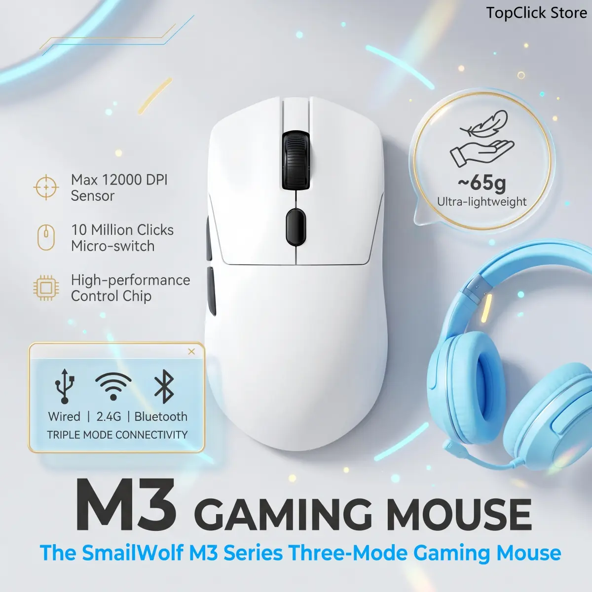 Mouse Gamer Sem Fio SMAILWOLF M3, Alto Desempenho, Chip de Controle Principal, Taxa de Resposta Estável de até 1KHz, Conexão com Fio e Sem Fio, Portátil