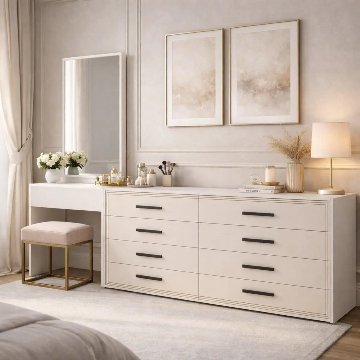 Cômoda Penteadeira 8 Gavetas Valência Creme/Branco