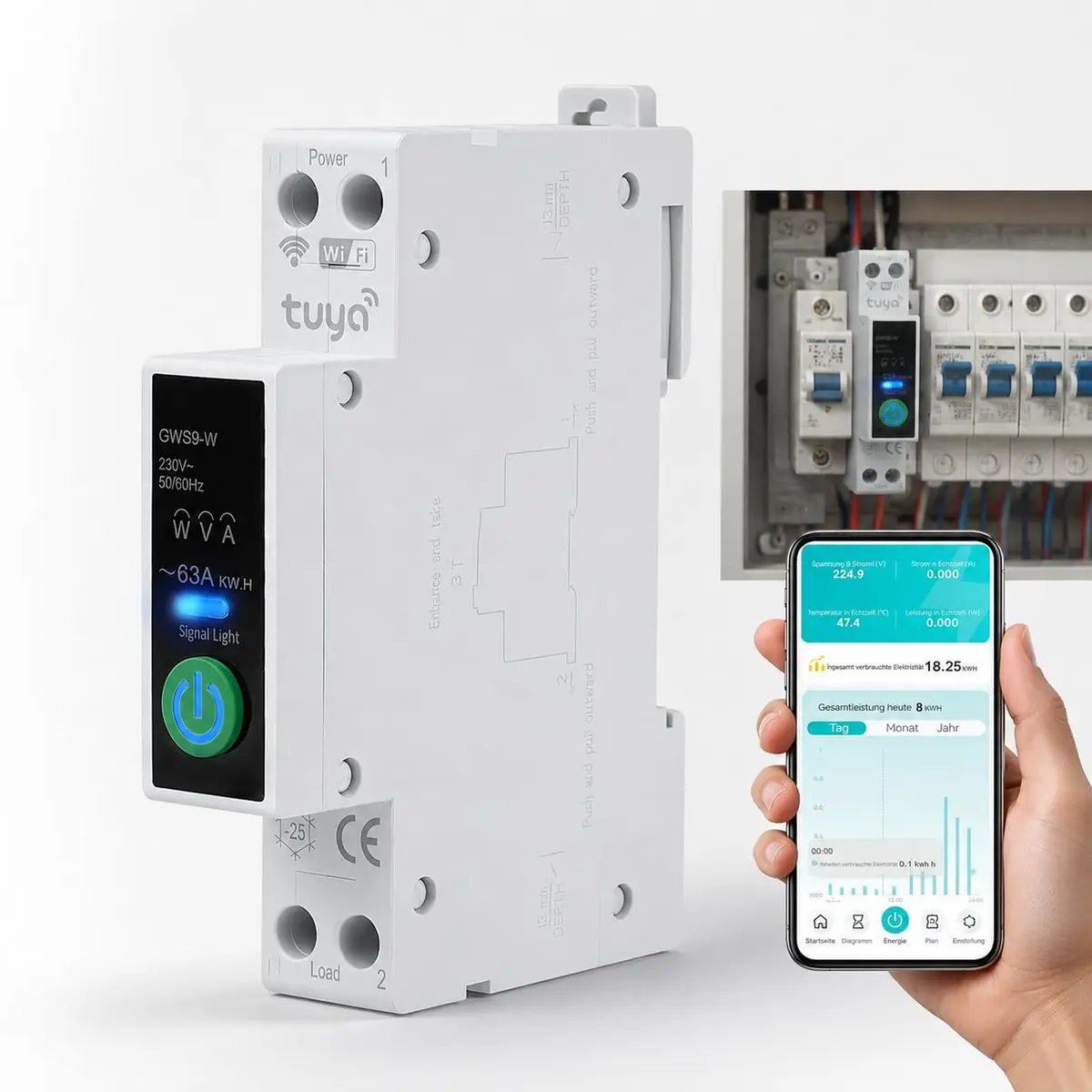 GEYA Disjuntor inteligente WiFi 1P + Temporizador N 40A, Trilho DIN | Disjuntor WiFi Ajustável com Indicador LED Azul, TUYA APP Monitoramento em Tempo Real, Tornando a Vida Mais Inteligente