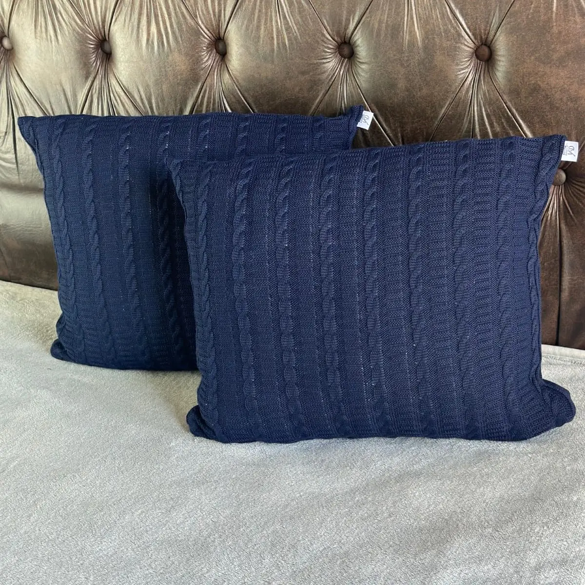2 Capas De Almofada em Tricot Com Zíper Invisível 45x45 Sofa Poltrona Trico Premium - Costura Mágica (Azul Marinho)