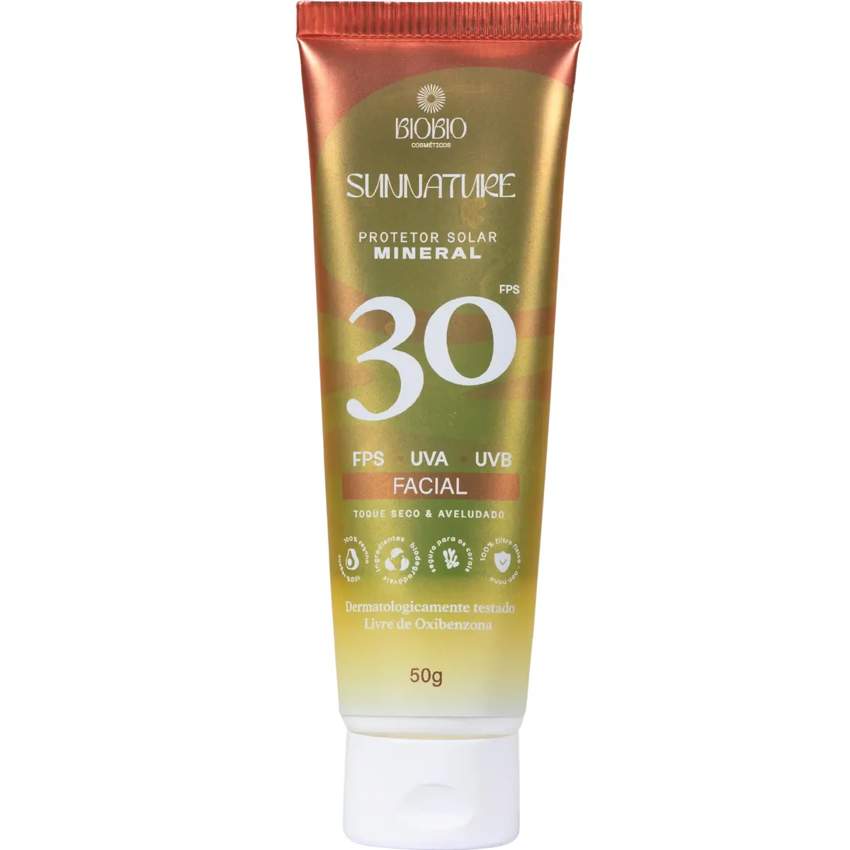 Protetor solar mineral facial, BioBio, Sunnature, FPS30, 50g | Textura leve de toque seco que não obstrui os poros, livre de oxibenzona, parabenos e fragrâncias sintéticas - 1