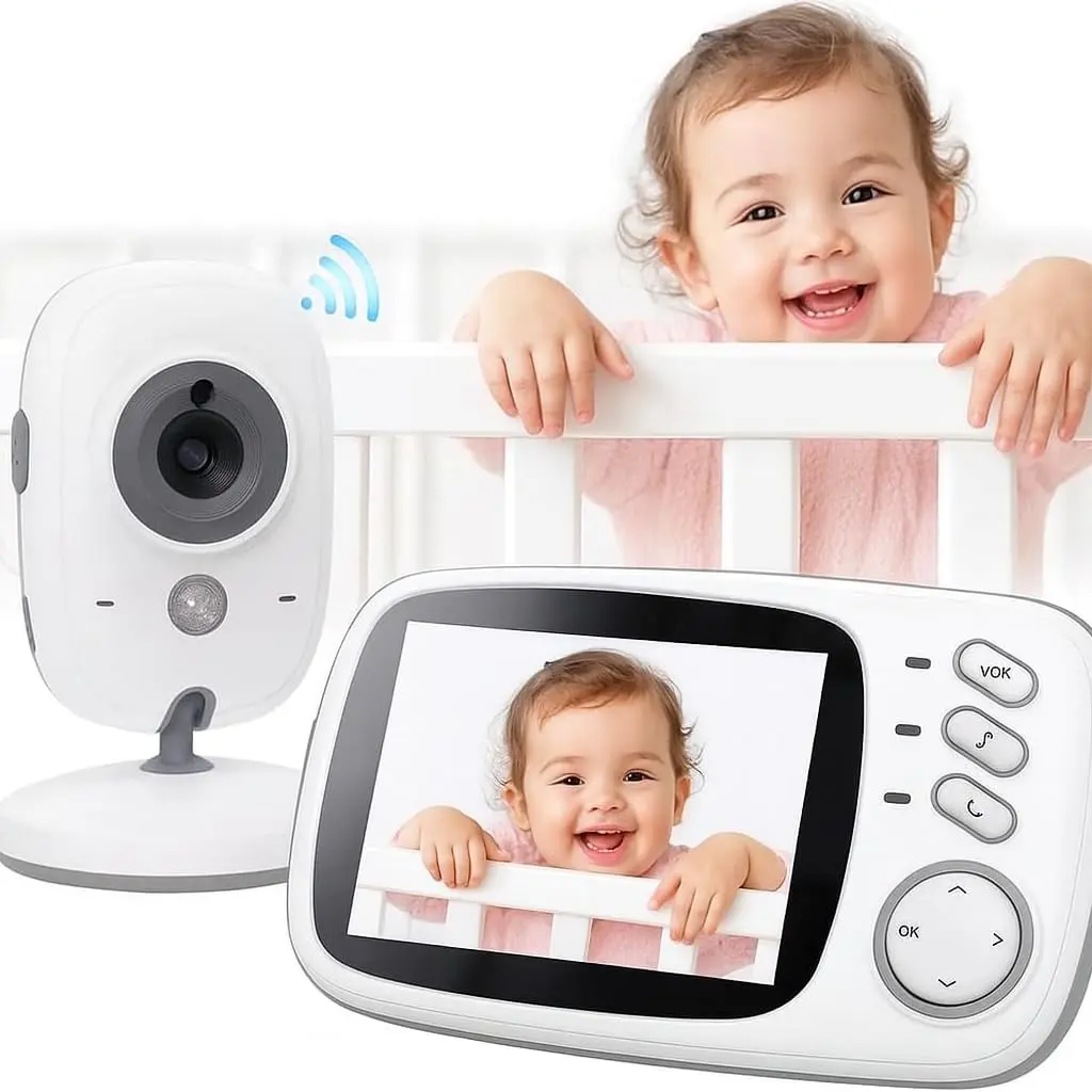 Babá Eletrônica Câmera para Bebês com Tela de 3.2" Visão Noturna 10M Infravermelha Monitoramento Temperatura, Áudio Bidirecional, Detecção de Som VOX, Modo Soneca Contem Visão Noturna Canção de Ninar