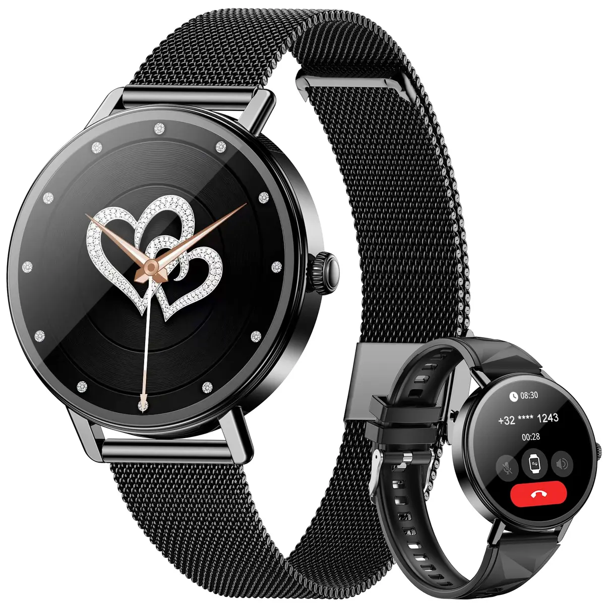 Blackview Smartwatch Redondo Feminino 1.26" - Chamadas Bluetooth, 100+ Esportes, 2 Pulseiras, Cores Elegantes: Preto, Dourado e Prata - Android/iOS