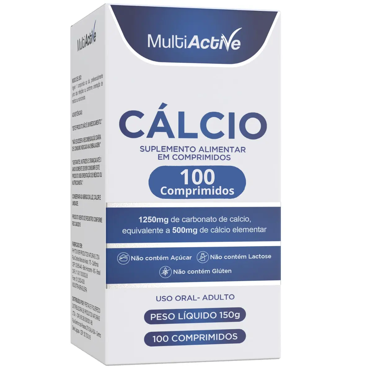 Carbonato De Calcio 1250mg Equivalente a 500mg de Cálcio Elementar Por Comprimido Multiactive Mineral Ossos Dentes 100 Comprimidos Alta Absorcao