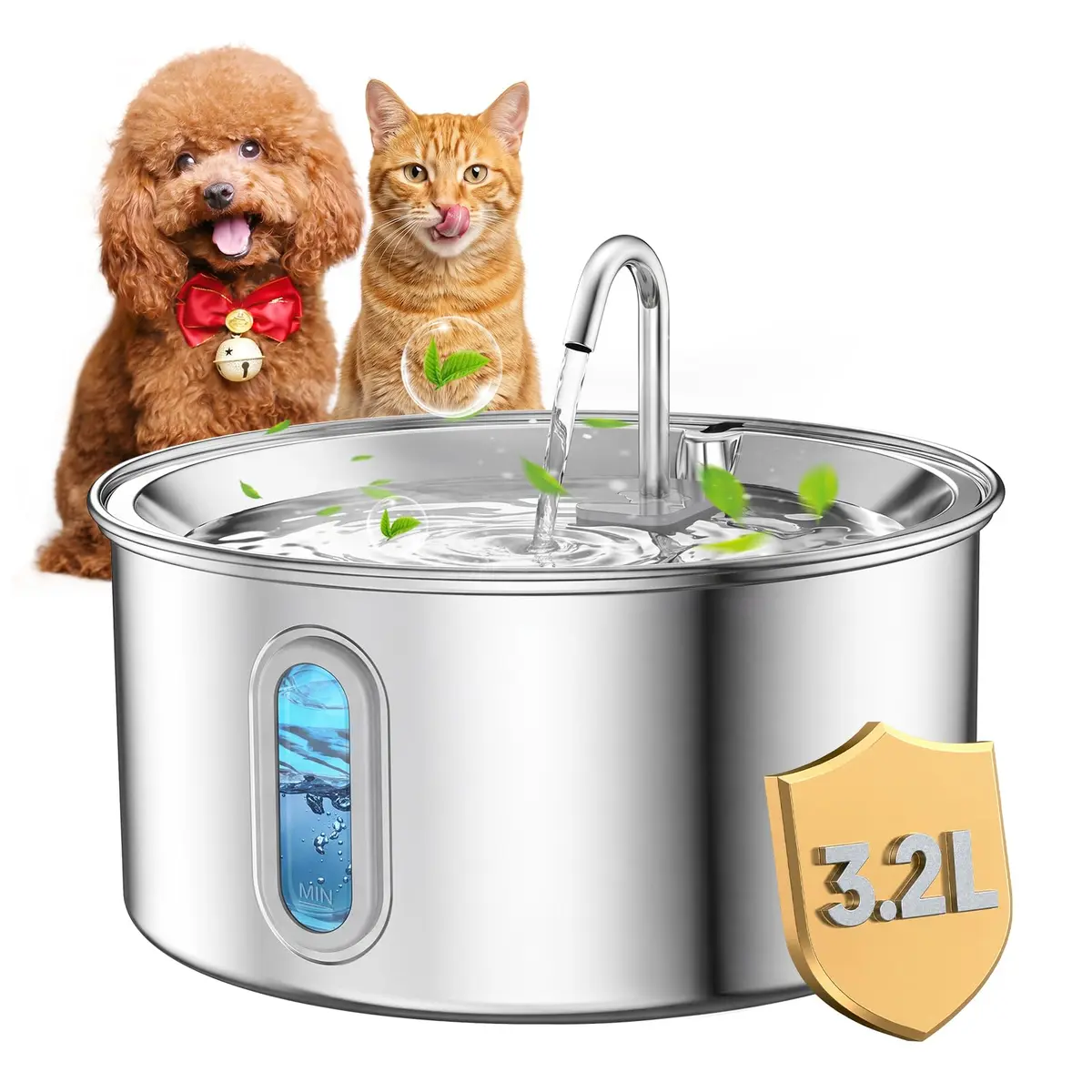Fonte de Água pra Gatos Inox, Bebedouro para Cães com Filtro 3.2L | Aço Inoxidável, Filtragem Contínua, Operação Silenciosa, Fácil de limpar, Bivolt, Gatos e Cães - 1