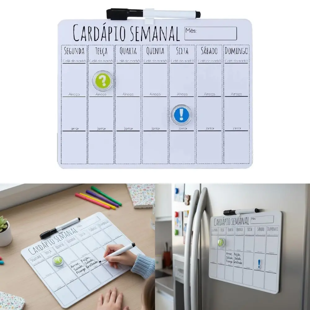 Planner Alimentar Semanal Magnético para Geladeira - Quadro Cardápio Semanal Reutilizável, Organizador de Refeições e Dieta, com Caneta, Apagador e Ímãs para Cozinha - Amel (Branco) - 1