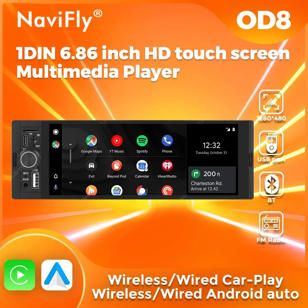 Navifly 6.86 ''1din rádio do carro reprodutor multimídia mp5 rádio fm sem fio/com fio carplay android auto carro estéreo 1 din 1280*480 - 1