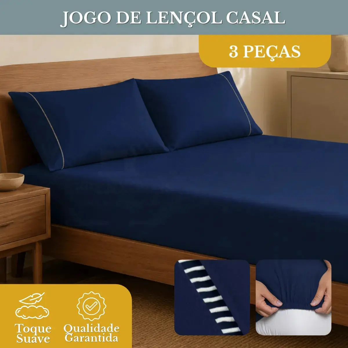 Jogo de Lençol Casal 3 Peças 400 Fios Micropercal Azul-marinho Elástico - 1