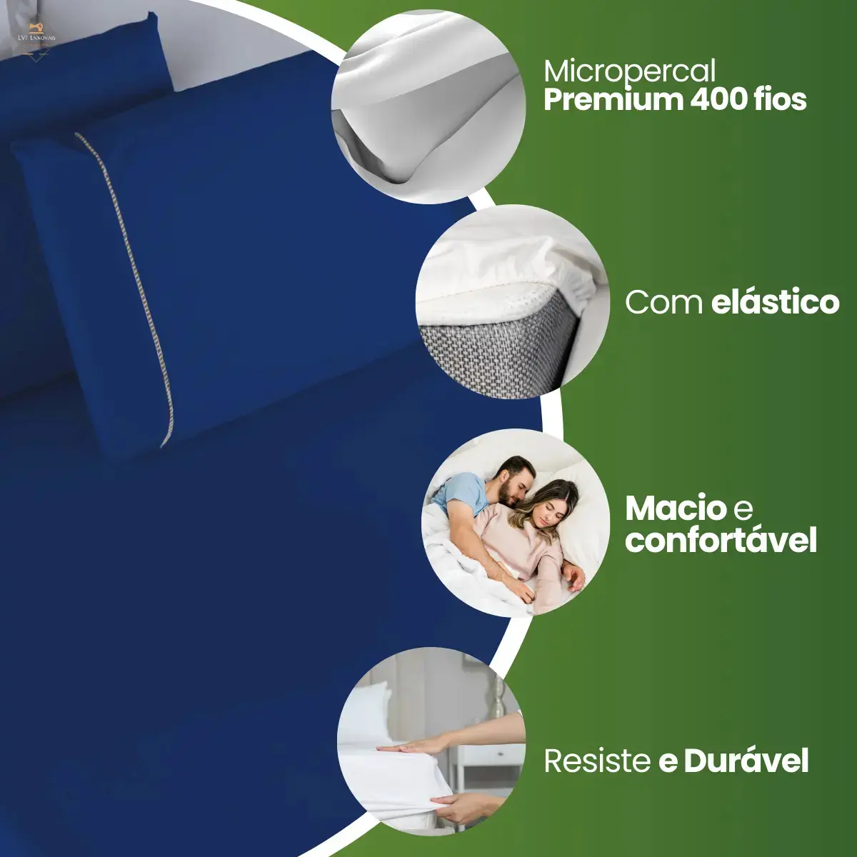 Jogo de Lençol Casal 3 Peças 400 Fios Micropercal Azul-marinho Elástico thumbnail 4