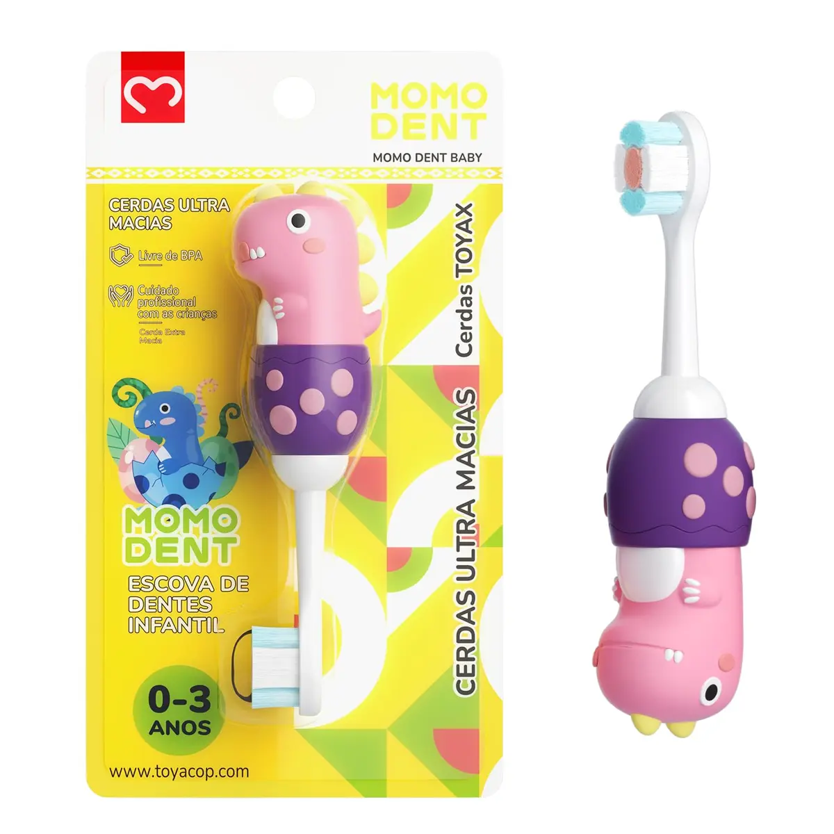 MOMODENT Escova de Dentes Infantil para 0-3 Anos, Bebe 1 Unidade, Dinossauro, Cabo de Silicone Macio, Cabeça Macia, Limpeza Suave