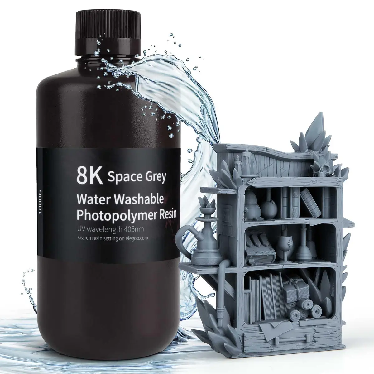 ELEGOO Resina lavável 8K para impressora 3D Cinza Espacial 1KG - Resina de fotopolímero padrão de cura UV 405nm para impressão 3D LCD/MSLA/DLP