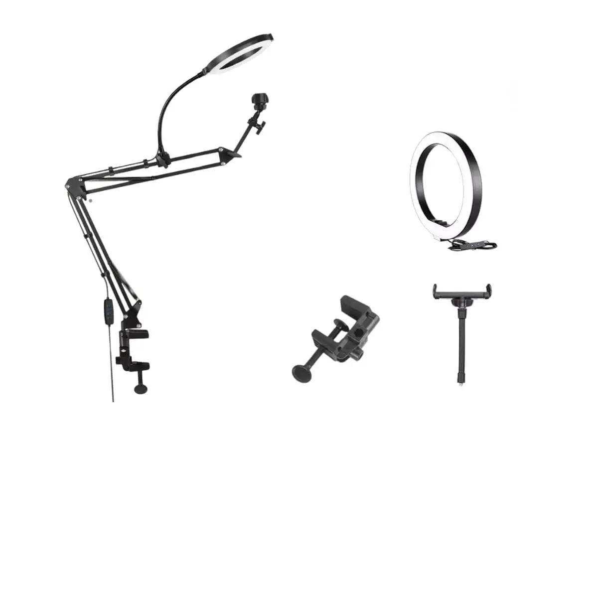 Iluminador Ring Light LED com Suporte de Mesa Articulado para Celular | Ajustável 360°, Anel de Luz, Luz de Maquiagem, Gravação Youtube, Live Stream, Foto e Vídeo, Com Controle