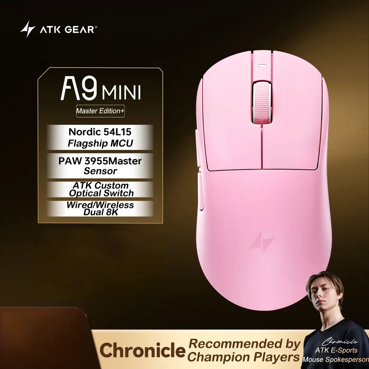 Mouse Gamer Sem Fio ATK A9 Mini Tri-Mode PAW3955 Master com Taxa de Polling Dupla de 8K, Leve, para E-sports, PC e Jogadores de FPS – Ótima Opção de Presente - 1