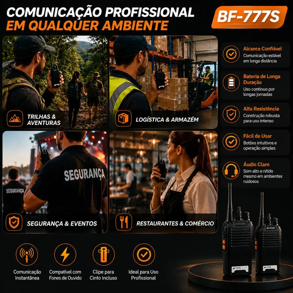 Kit 2 Rádios Comunicadores Bf-777s Alta Performance Walkie Talkie Profissional Esportivo Sem Fio Alta Segurança Comunicação Show Eventos 400 ~ 470mhz 16ch Ht Walk Talk thumbnail 4