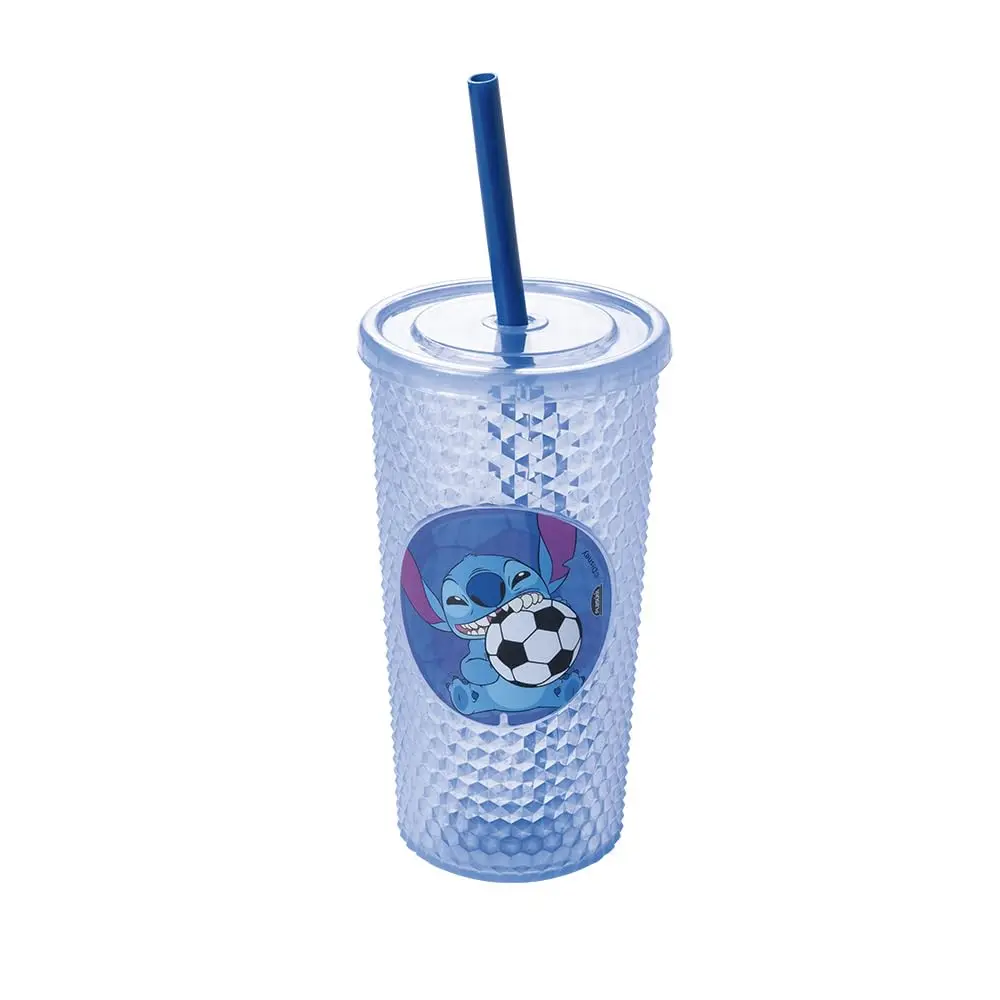 Plasútil Copo Plástico com Luz Led Stitch Futebol c/Tampa e Canudo 490ml