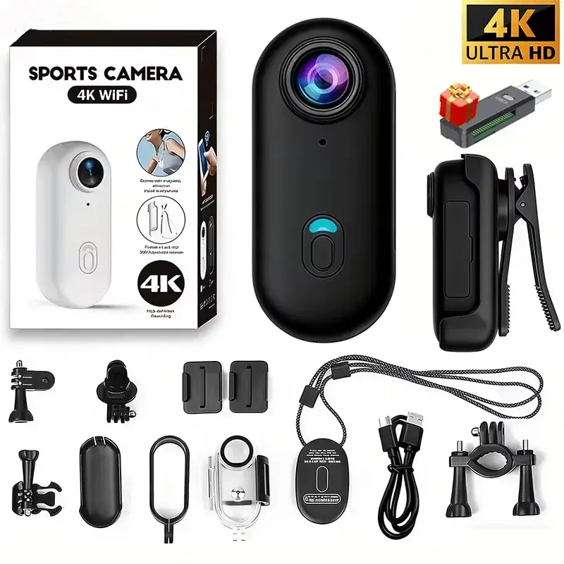 Mini Câmera de Ação 4K Portátil Magnética para Vlog, Gravador Corporal/Peitoral, WiFi Sem Fio, À Prova D'água, para Capacete, Bicicleta e Esportes