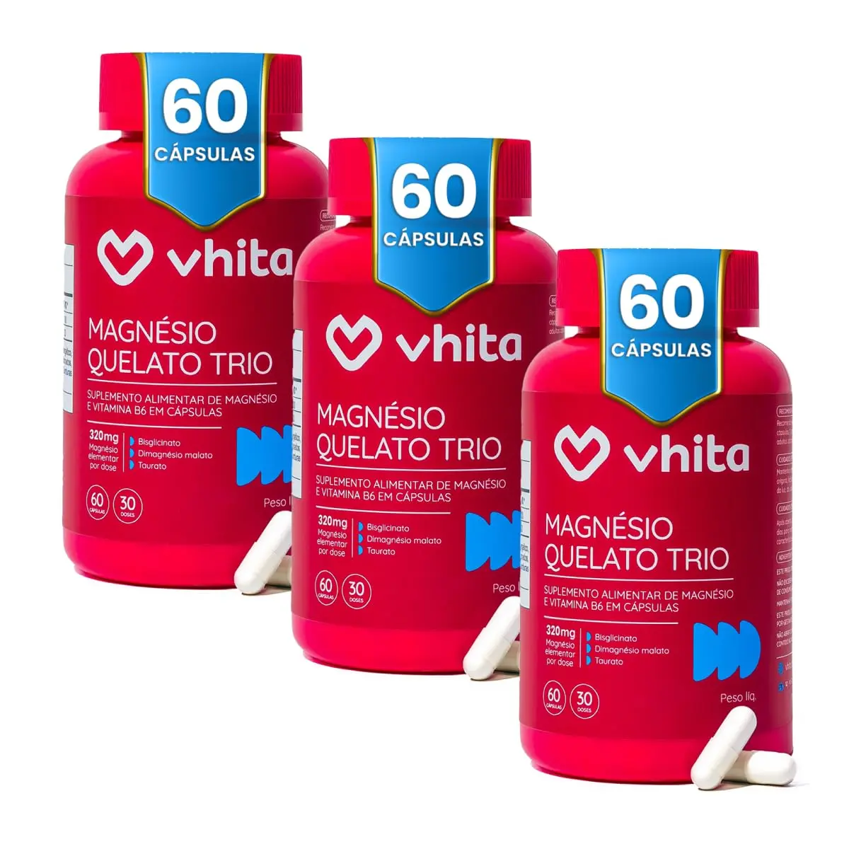 Magnésio Quelato Dimalato Bisglicinato Taurato Vit B6 60 Cáps - 3 unidades | 180 Cápsulas, 90 Porções.
