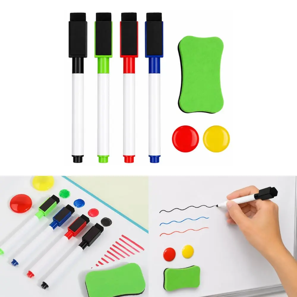 Kit Marcadores para Quadro Branco 4 Canetas Apagador Magnético 2 Ímãs