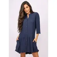 Vestido Curto Botton Viscose Manga 3/4 Azul Marinho