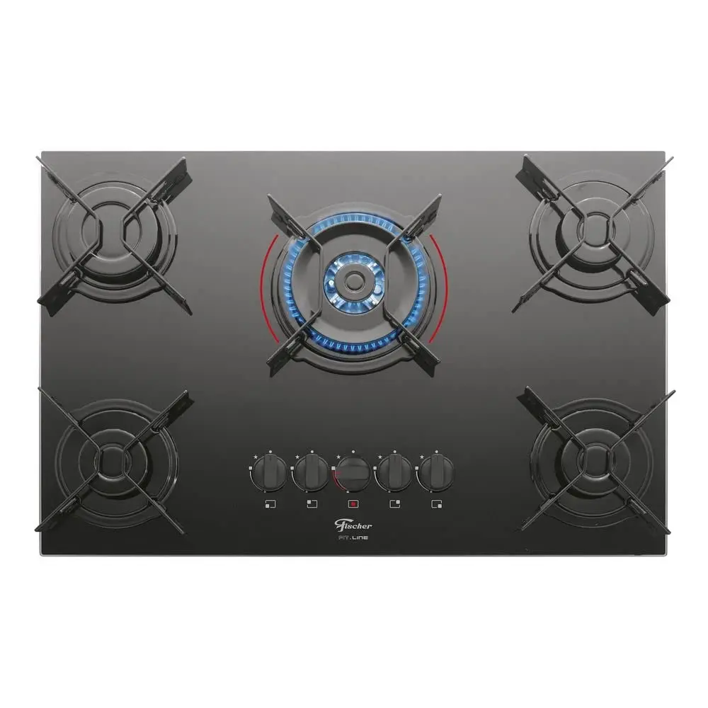 Fischer Cooktop à Gás 5 Bocas Tripla Chama Fit Line Mesa Vidro Preto Bivolt - 26300-57079