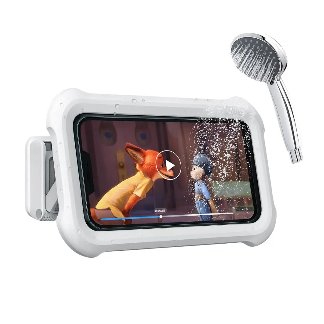 Suporte de Celular para Banheiro 480° Rotativo à Prova d’Água com Tela Touch – Case de Parede para Chuveiro, Banheira e Box Compatível com Smartphones de até 7"