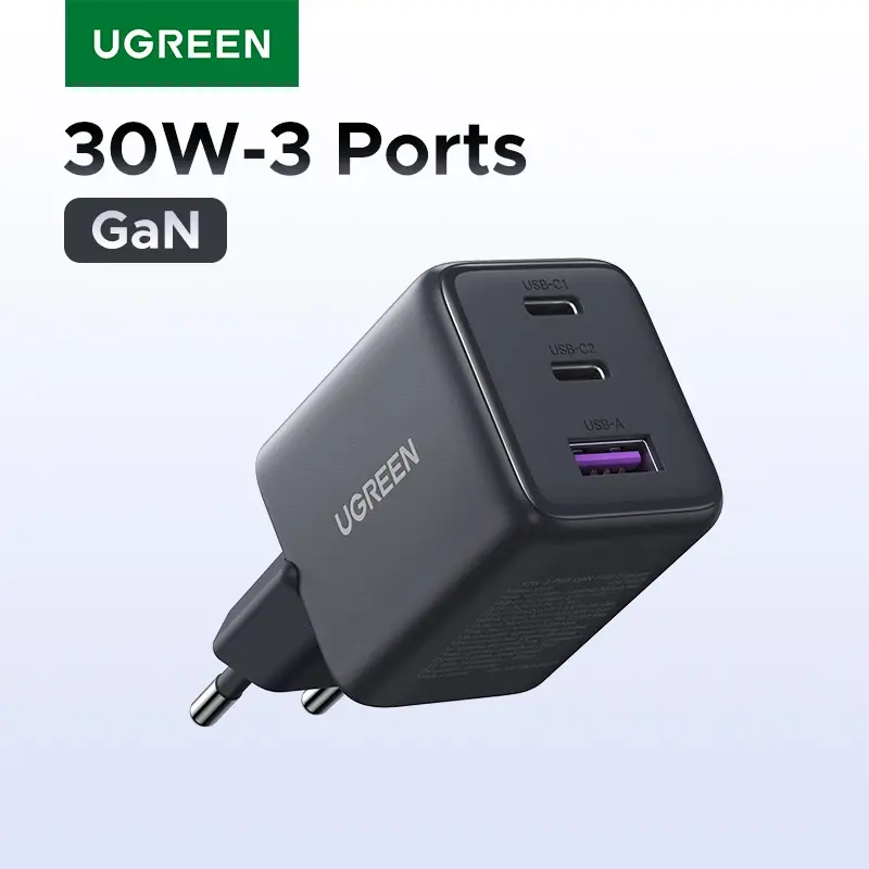 Carregador UGREEN 30W GaN com 3 portas, carregador USB-C PD 3.0 para iPhone 18, 17, 16 Pro, Samsung S25, tablet Xiaomi, iPad Air Pro, carregador para telemóvel.