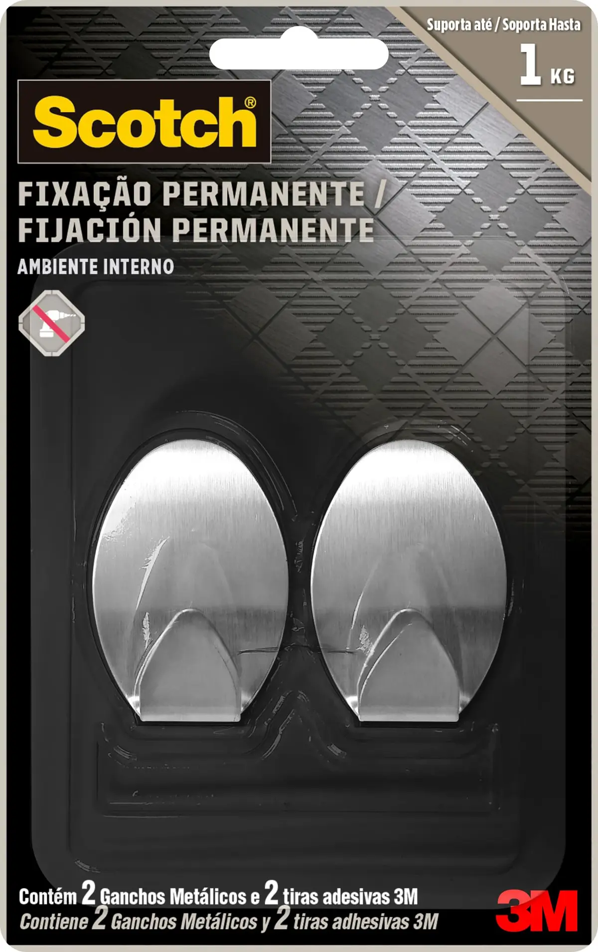 SCOTCH 3M Gancho Adesivo Fixação Permanente Metálico 2 Unidades | Suporta até 1 kg, Ambientes internos, Sem furos ou pregos na parede, Ideal para organizar e pendurar objetos - 1